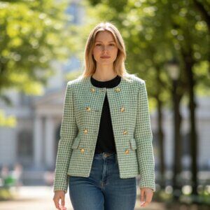 NWT MNG Double-breasted tweed jacket Green Medium